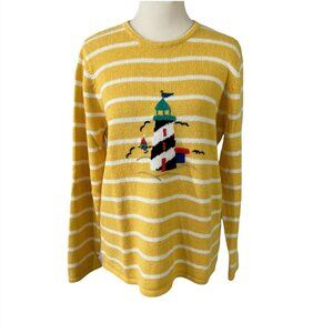 Sag Harbor Sport Sweater Size S Lighthouse Nautical White Yellow Striped Cotton